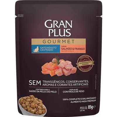 Ração Úmida GranPlus Gourmet Sachê Salmão & Frango para Gatos Castrados