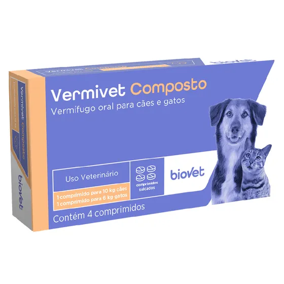Vermífugo Vermivet Composto 600 mg Biovet 4 comprimidos